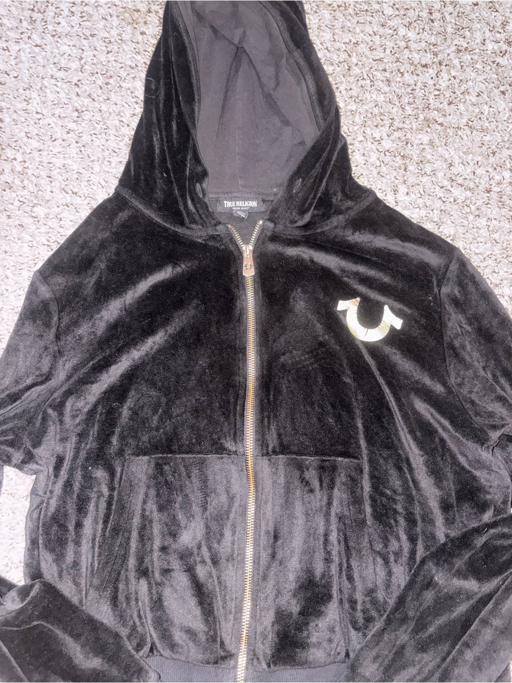 True Religion Black Velour Zip-Up Hoodie